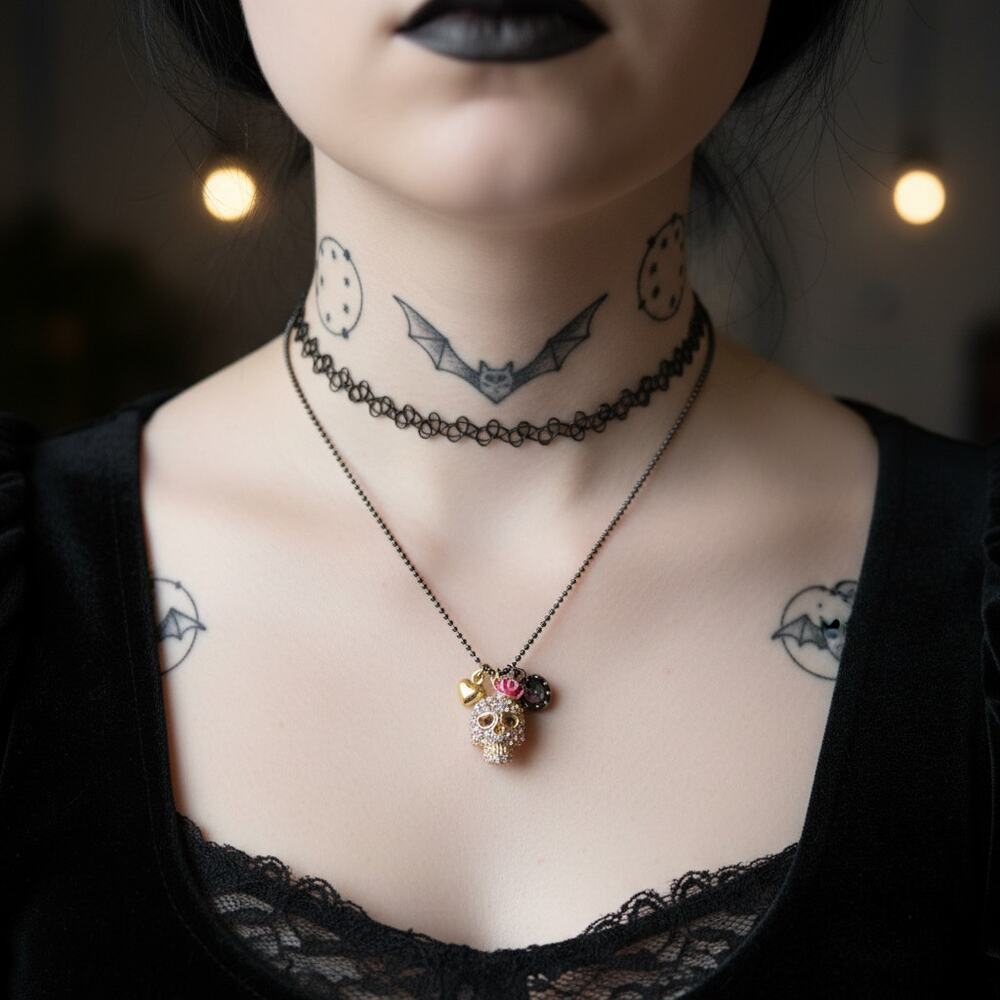 Betsey Johnson Crystal Skull Necklace-Aurora Borealis-Gothic-Punk-Rhinestone